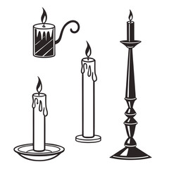 Burning candle silhouettes with drippy wax and ornate candlestick