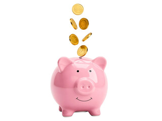 Pink piggy bank with falling golden coins
