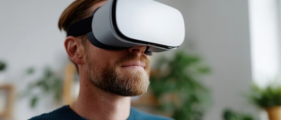 Person experiencing virtual reality in a comfortable home setting, leisure