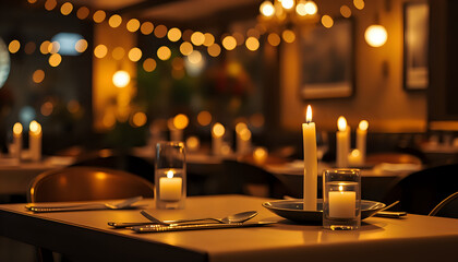 Cozy restaurant setting with warm candlelight and inviting table arrangement.A good place for Valentine's dinner invitations or dinner for couple, retro atmosphere