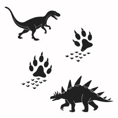 Dinosaur silhouettes and footprints stegosaurus raptor
