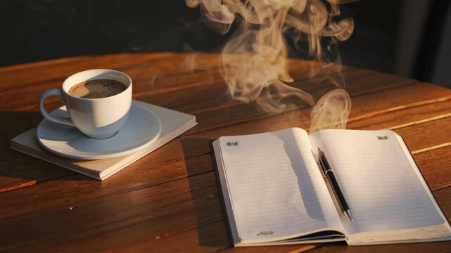 cup of hot coffee with a pen and notebook in sunrise. seamless looping overlay virtual video animation background