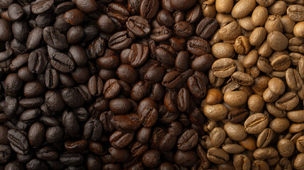 Fototapeta premium A close-up view of various roasted coffee beans showcasing different shades and textures, perfect for coffee enthusiasts.