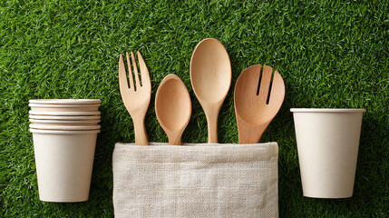 A collection of wooden utensils and biodegradable cups arranged on grass, perfect for eco-friendly dining and outdoor gatherings.