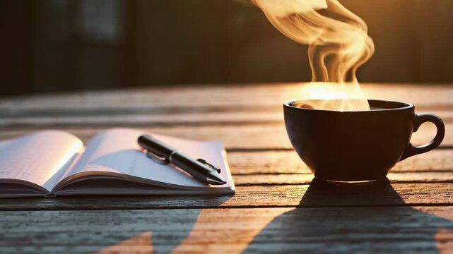 cup of hot coffee with a pen and notebook in sunrise. seamless looping overlay virtual video animation background