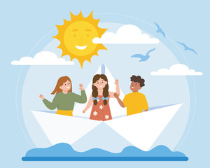 Kids sailing in paper boat under sun. Vector illustration