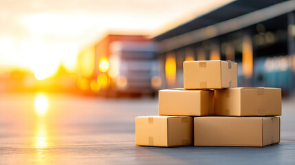 Cardboard box warehouse loading dock delivery truck sunset logistics shipping transportation pallet packaging distribution freight cargo industrial storage supply chain brown box stacked boxes