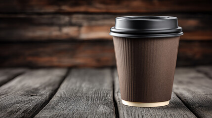 A stylish coffee cup sits on a wooden surface, capturing the essence of a cozy cafe experience.