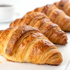 Fototapeta premium Golden, flaky croissants captured in close-up and isolated on white.