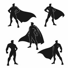 Five black superhero silhouettes with flowing capes © RABBYMIA