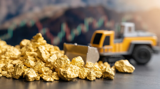 Gold nugget pile with yellow bulldozer toy in background and blurred stock market graph, symbolizing mining investment and financial growth opportunity - Powered by Adobe