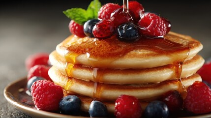 Stack of pancakes with berries and syrup