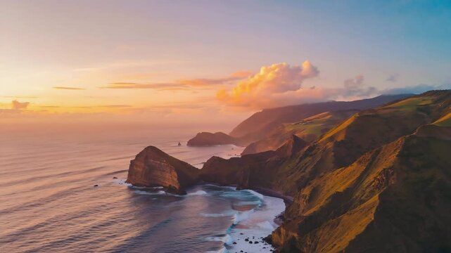 Top-down drone view time-lapse of the sun setting over winding coastal cliffs, glowing waves, subtle parallax from altitude changes