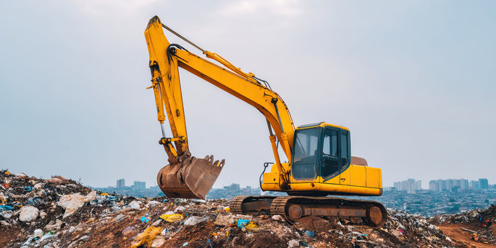 Yellow excavator digging through large waste piles with dusty air and city skyline in background, heavy machinery working in landfill site under cloudy sky
