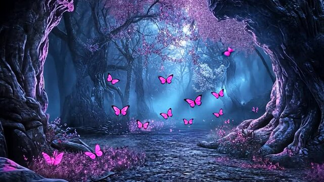 Enchanted Forest Path: A Mystical Night in a Purple Dreamland