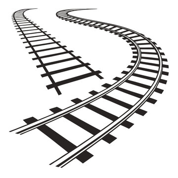 Format: Title: Black train tracks curving into distance