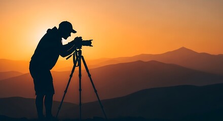 Silhouette of a Photographer Capturing the Sunset Over Mountain Ranges, Creating a Scenic Landscape