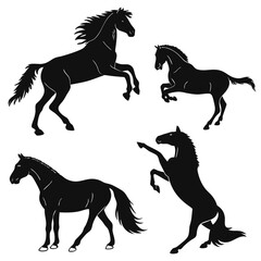 Four black horse silhouettes in various poses equine