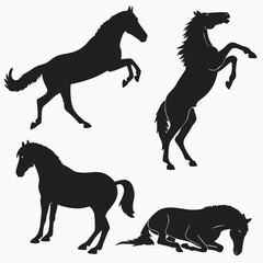 Four black horse silhouettes in various poses animal
