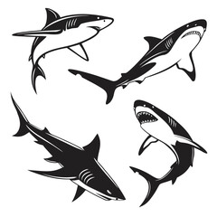 Four black shark silhouettes in various poses white
