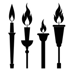 Four black silhouettes of torches and candles with flames