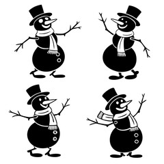 Four black snowman silhouettes with hats and scarves