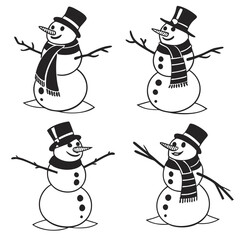 Four black snowmen with hats and scarves snowman winter
