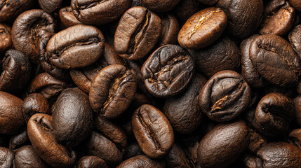 Fototapeta premium Close-up of rich, roasted coffee beans, showcasing their glossy surface and unique textures, perfect for coffee enthusiasts.
