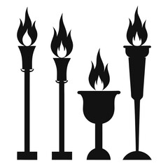 Four black torch and candle silhouettes with flames