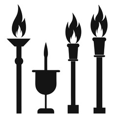 Four black torch and candle silhouettes with flames