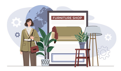 Woman in front of furniture shop display. Vector illustration