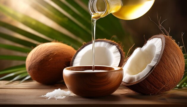 coconut oil pouring into a wooden bowl with fresh coconuts - Powered by Adobe