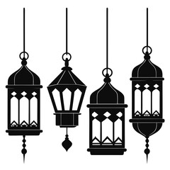 Four hanging ornate metal lanterns silhouettes vector