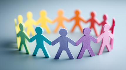 Colorful cutouts of people holding hands symbolize unity, diversity, and interconnectedness in modern society.