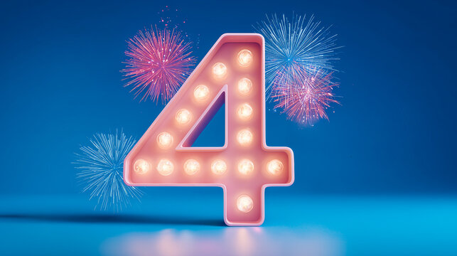 Number "4" with glowing marquee lights and colorful fireworks on a bright blue background.
