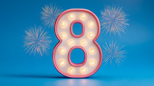Illuminated number "8" with glowing bulbs and festive fireworks on a bright blue background. - Powered by Adobe