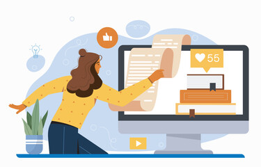 Woman reading blog post on monitor. Vector illustration