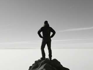 Back view of conqueror standing confidently on rocky summit with hands on hips, gazing over endless sea of clouds under moody monochrome sky evoking isolation and mastery