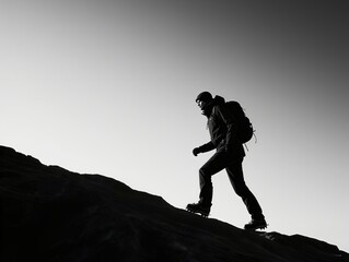 Determined trekker walking along mountain ridge in stark silhouette against gradient sky transitioning from light gray to charcoal, embodying solitary perseverance