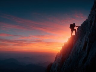 Rock climber scaling cliff at dusk, helmeted figure gripping crevices with sunset clouds transitioning from orange to violet over distant ridges