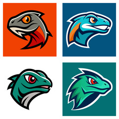 Fototapeta premium Illustration showing four stylized lizard head logos with varying color schemes and backgrounds