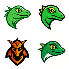Naklejka premium Collection of cartoon lizard head designs in green and orange colors with various expressions and styles