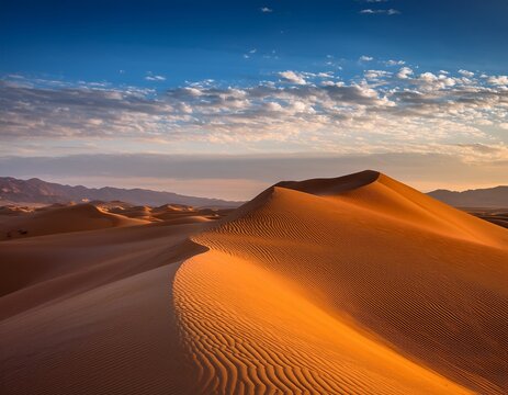 enchanting golden dunes under a serene sky at dawn with gentle clouds rolling past