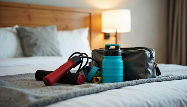 Fitness gear laid out on hotel bed featuring skipping rope, water bottle, and gym bag. Fitness gear includes all tools needed for a quick workout while traveling or at home.