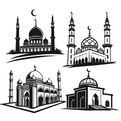 Islamic mosque architectural silhouettes with crescent moons