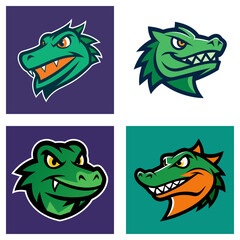 Fototapeta premium Collection of four cartoon alligator head designs with varying colors and expressions shown in a grid