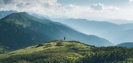Summer mountain landscape with person enjoying the view at midday Generative AI