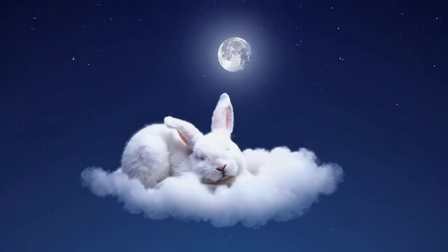 cute rabbit sleeping on cloud at night. Lullaby for babies