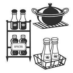 Kitchen cooking pot and spice bottles on rack and basket