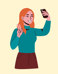 Girl taking selfie with peace sign gesture. Vector illustration